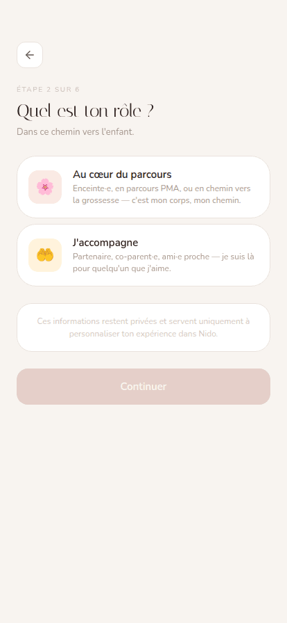 Onboarding step 2 of 6, “What's your role?”: the pregnant person, or someone who accompanies them